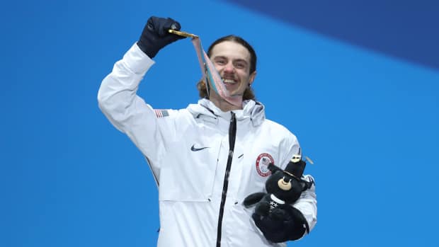 Noah Elliott of USA celebrates during the medal ceremony for the Men's Snowboard Banked Slalom SB-LL1 Final on day seven of the PyeongChang 2018 Paralympic Games on March 16, 2018 in Pyeongchang-gun, South Korea.