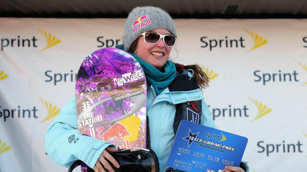 Maddy Schaffrick celebrates as she takes the podium in second place in the women's halfpipe finals of the Sprint US Snowboard Grand Prix on December 10, 2011 in Copper Mountain, Colorado.