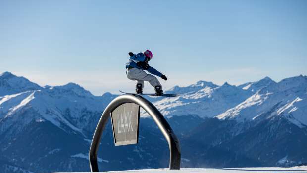 Lily Dhawornvej of the United States during the Women's Snowboard Slopestyle Practice as part of the Laax Open, FIS Snowboard World Cup 2025, on January 16, 2025 in Laax, Switzerland.