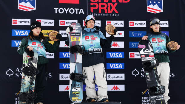 Ayumu Hirano, Ruka Hirano and Yamada Ryusei of Japan, from left, look on during the podium ceremony after the Men's Snowboard Halfpipe Final during the Toyota US Grand Prix at Buttermilk Ski Resort on February 01, 2025 in Aspen, Colorado.