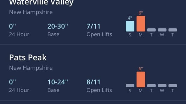 OnTheSnow resort list including Brighton, Waterville Valley, Bear Creek.