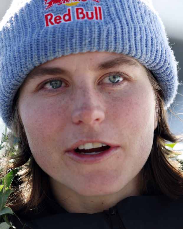 Maddie Mastro of the USA talks to the media after competing in the women's halfpipe competition on day 2 of The Snow League at Buttermilk Ski Resort on March 08, 2025 in Aspen, Colorado.