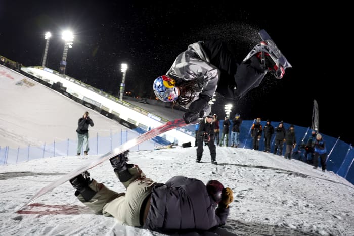 Zeb Powell of the United States does a practice run before competing in the Men's Snowboard Knuckle Huck during Day Two of the X Games Aspen 2025 at Buttermilk Ski Resort on January 24, 2025 in Aspen, Colorado.