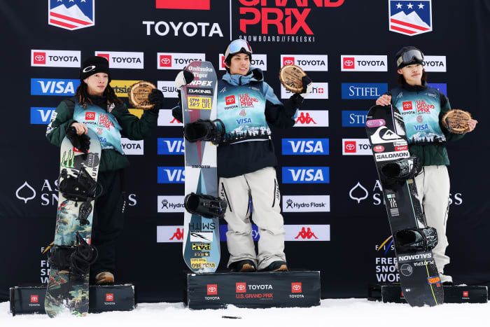 Ayumu Hirano, Ruka Hirano and Yamada Ryusei of Japan, from left, look on during the podium ceremony after the Men's Snowboard Halfpipe Final during the Toyota US Grand Prix at Buttermilk Ski Resort on February 01, 2025 in Aspen, Colorado.