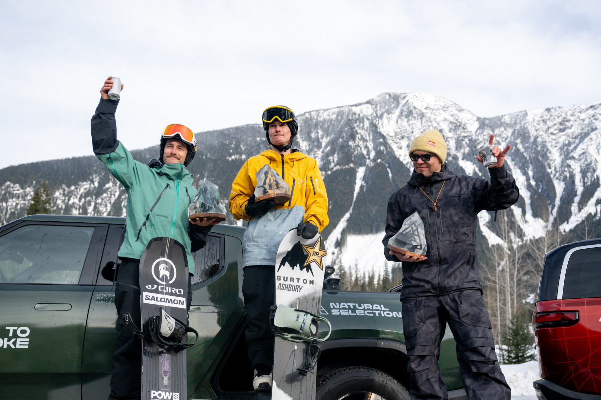 Men's podium. (l to r) Nils Mindnich, second place; Mikey Ciccarelli, first; Travis Rice, third.