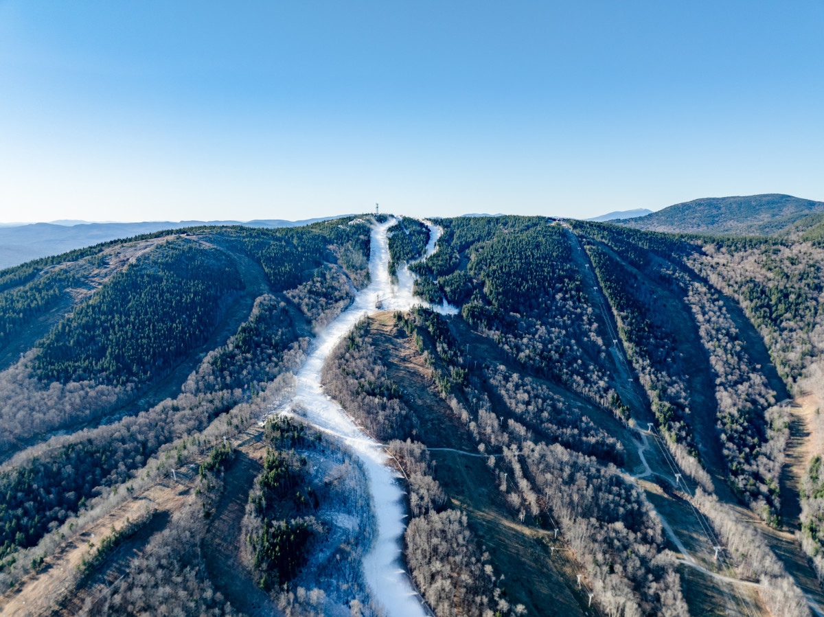 An aerial view of snowmaking on T2 at Sunday River.
